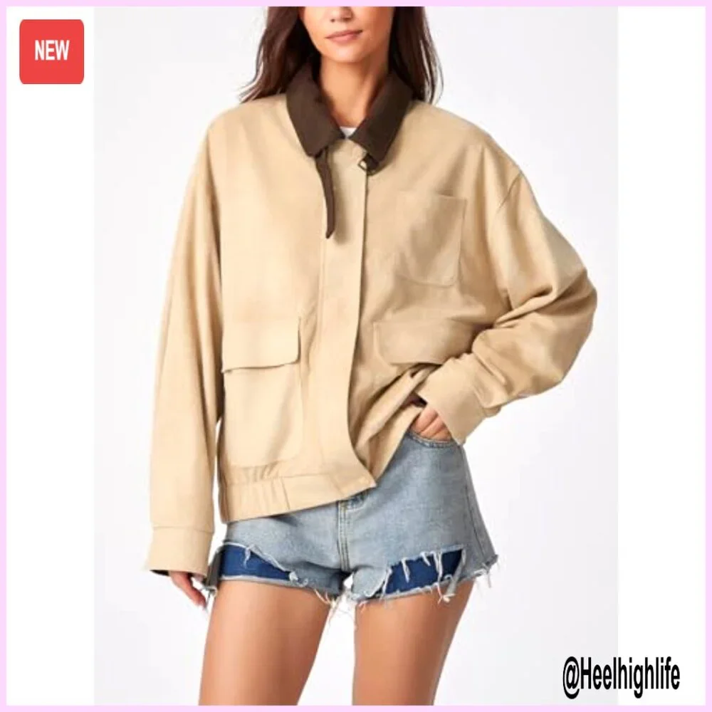 Oversized Faux Suede Bomber Jacket with Corduroy Collar, Utility Pockets - Picture 4 of 7